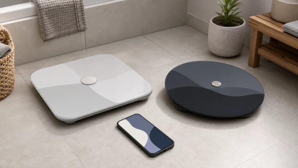 Two generic smart bathroom scales beside a phone with an abstract data display