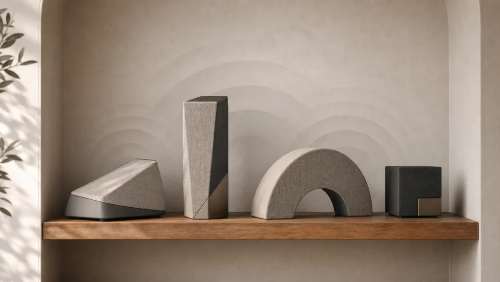Four generic smart speakers of different sizes on a living-room shelf