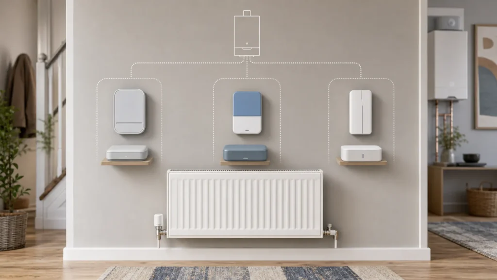Three generic thermostat and hub combinations beside a radiator and heating-zone diagram
