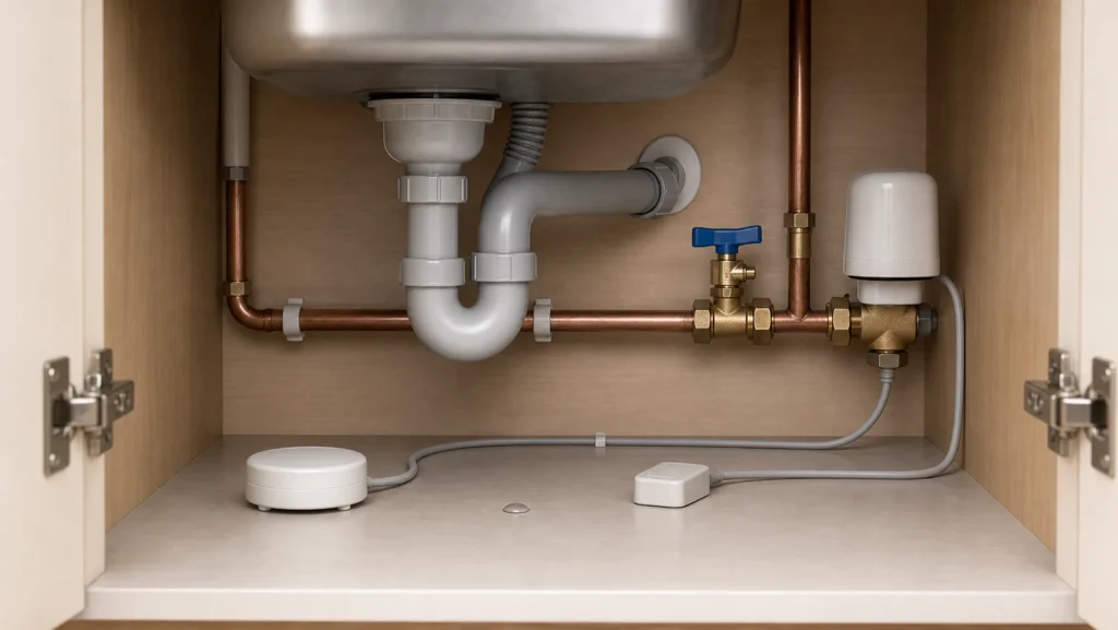 Generic water-leak sensors and shut-off actuator beneath a kitchen sink