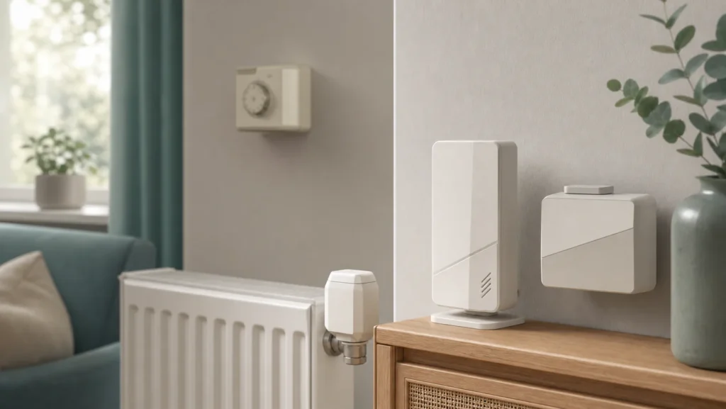 Older generic wall thermostat behind a modern thermostat and radiator-control system