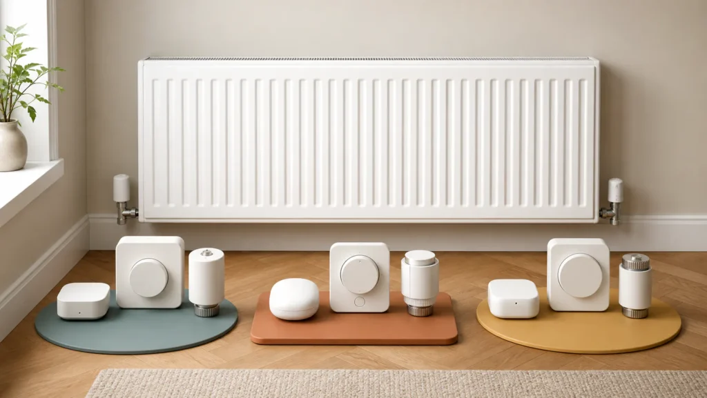 Three generic smart-heating kits arranged around a British panel radiator
