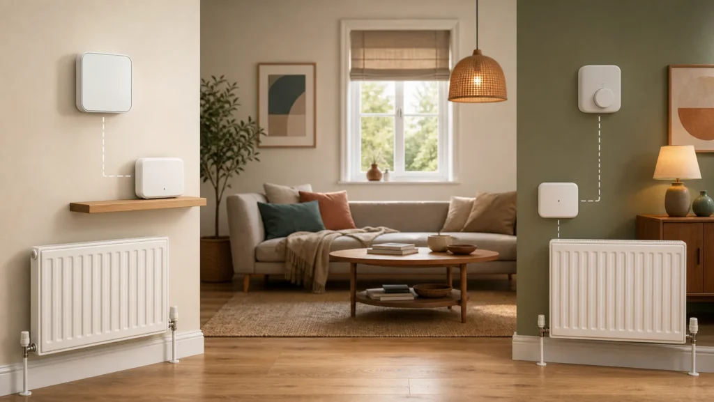 Two generic smart-heating control systems shown on opposite sides of a living room