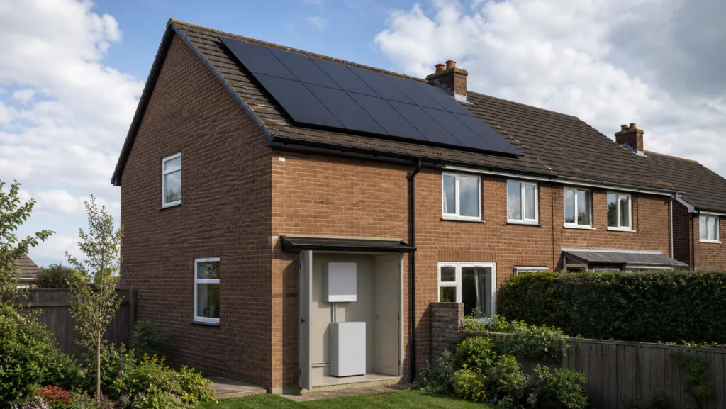 Solar panels on a British pitched roof with a generic inverter and home battery