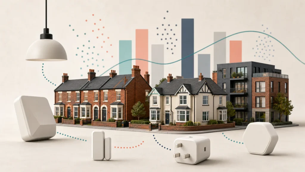 Stylized British homes and connected devices with abstract data charts