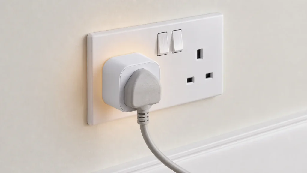 Generic UK smart plug correctly seated in an unobstructed wall socket