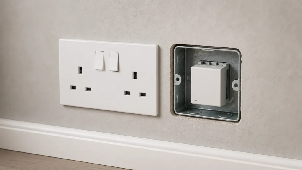 Generic UK double smart socket with a cutaway view of the wall back box