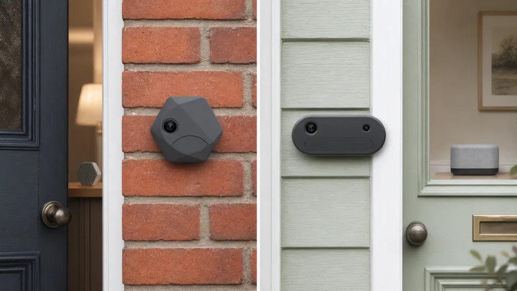 Two generic video doorbells on British front doors with a chime and local-storage hub