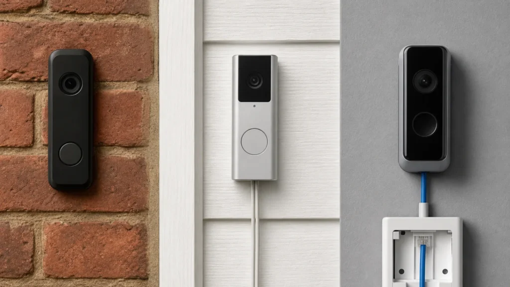 Three generic video-doorbell installation styles on British exterior finishes