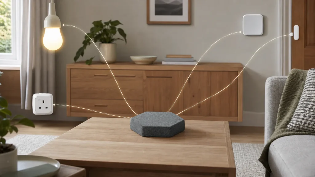 Generic smart speaker connected to a bulb, plug, thermostat and door sensor