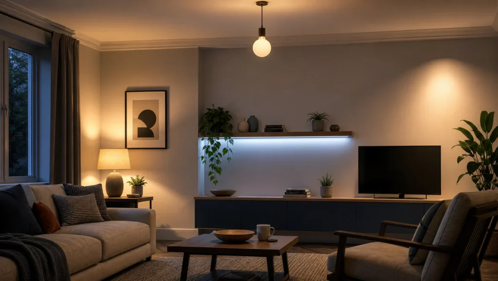 British living room with layered ceiling, table, shelf and wall lighting