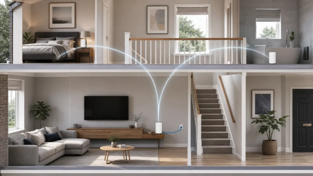 Three generic Wi-Fi mesh nodes connected across two floors of a British home