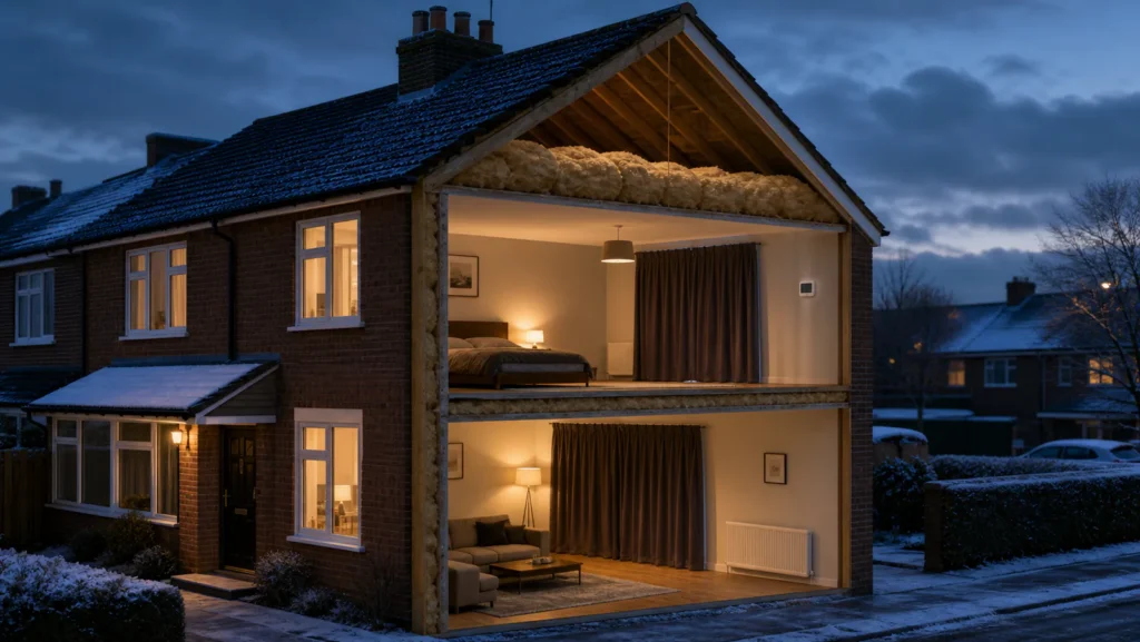 Warm British home in winter with closed curtains, radiator, loft insulation and efficient lighting